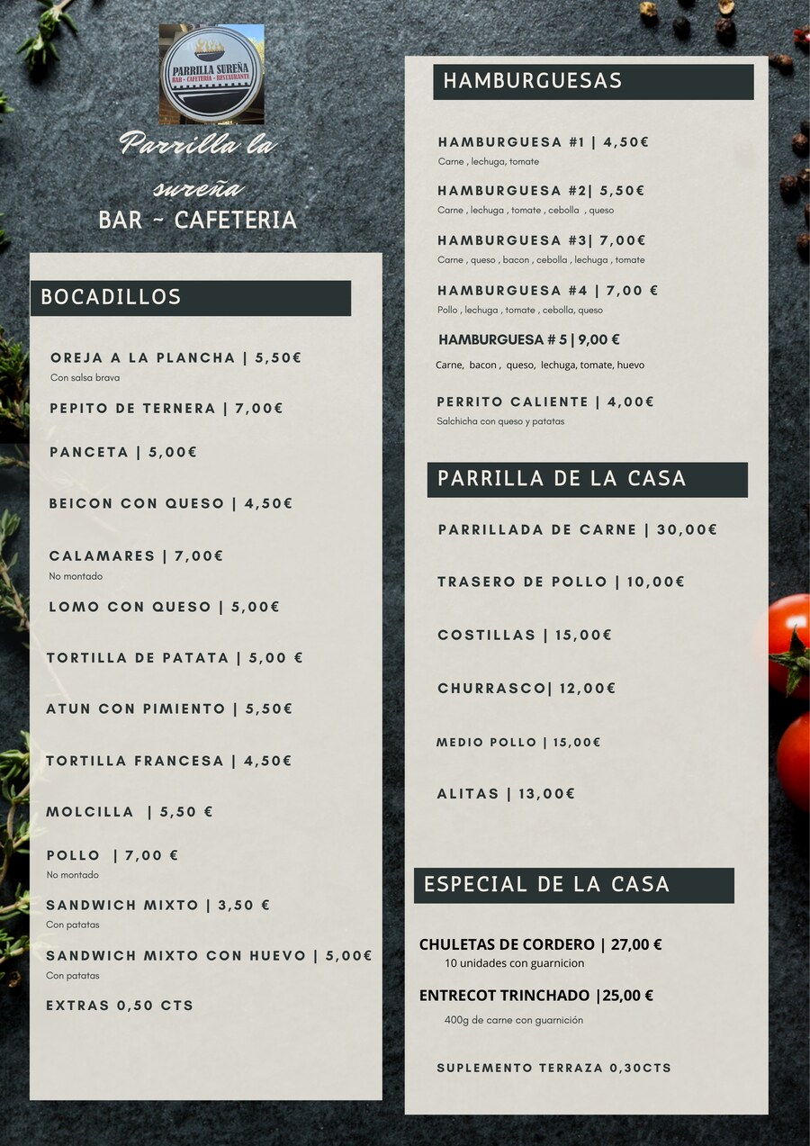Ejemplo de carta en PDF típica de un bar